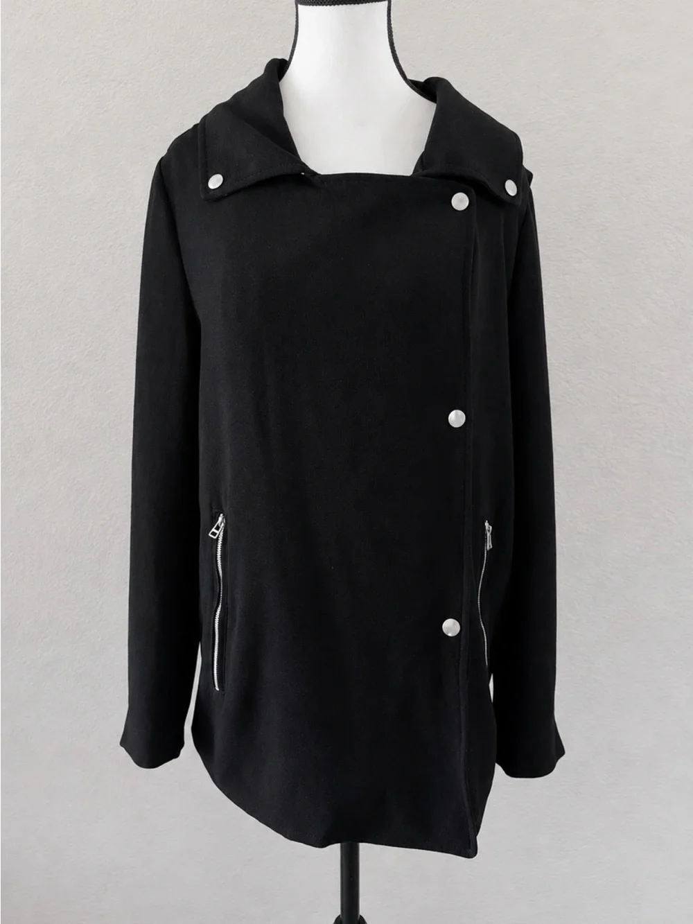 Joan Vass Studio Black Knit Jacket Convertible Snap Front Zip Pocket & Cuff